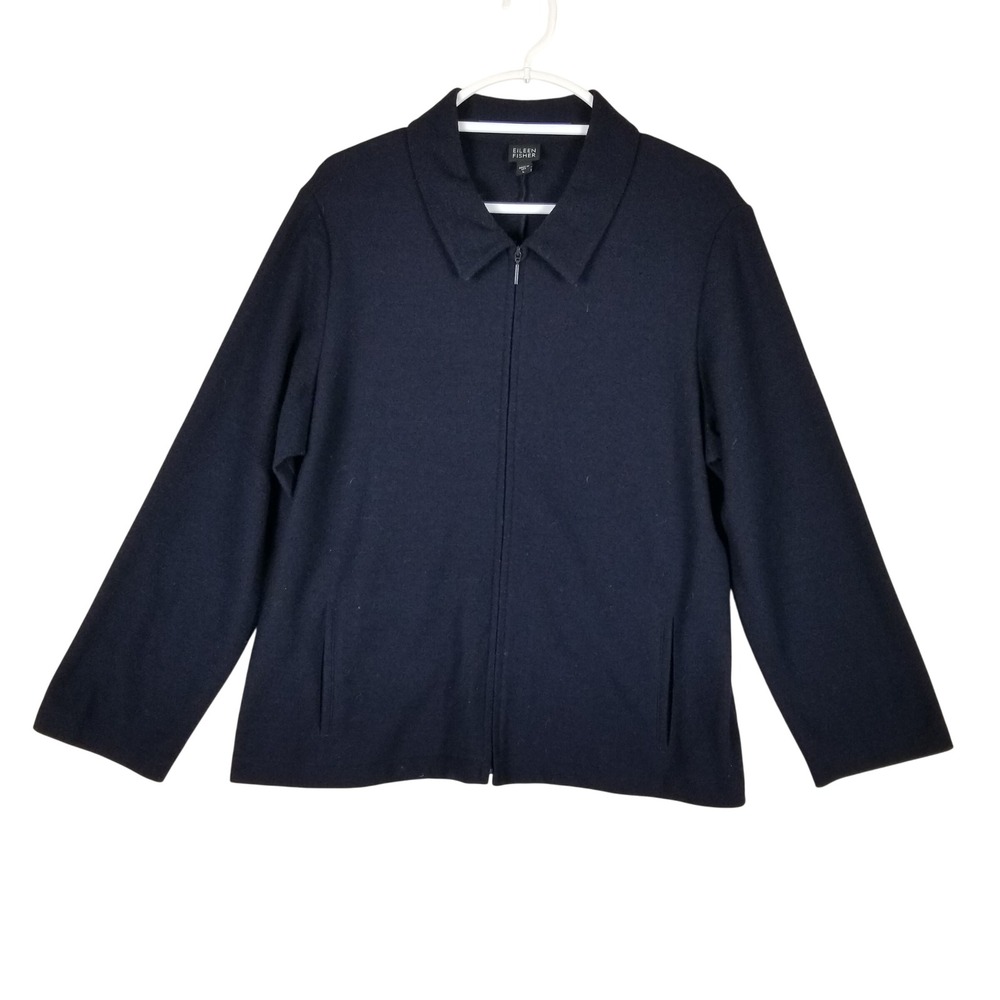 Eileen Fisher Wool Jacket Women L Navy Blue Full Zip Collared Minimalist 100s